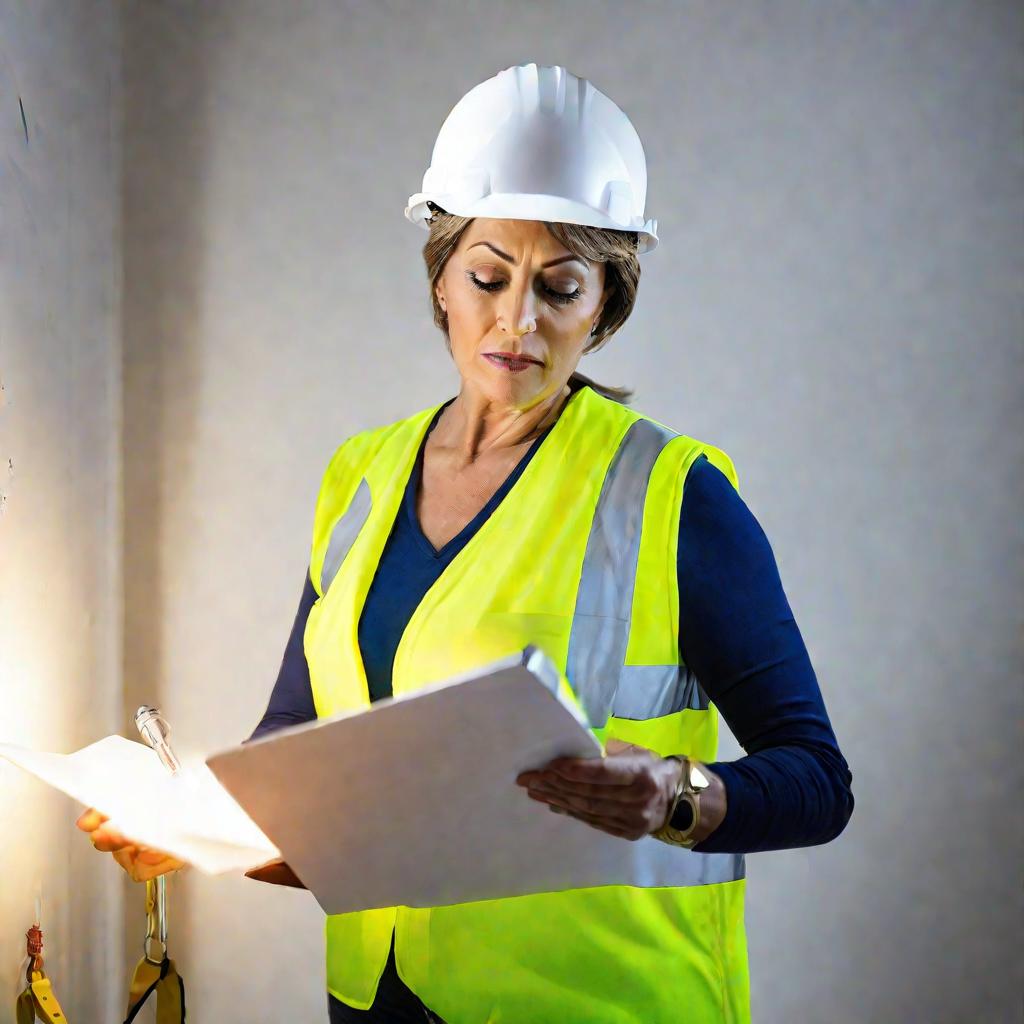 Женщина в каске осматривает стену в квартире