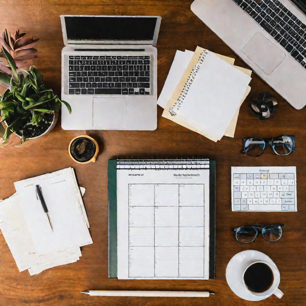 Вид сверху на рабочий стол, где лежит уведомление о просроченном платеже, частично прикрывая страницу в открытой книге с заголовком &laquo;Штрафы и пени&raquo;.