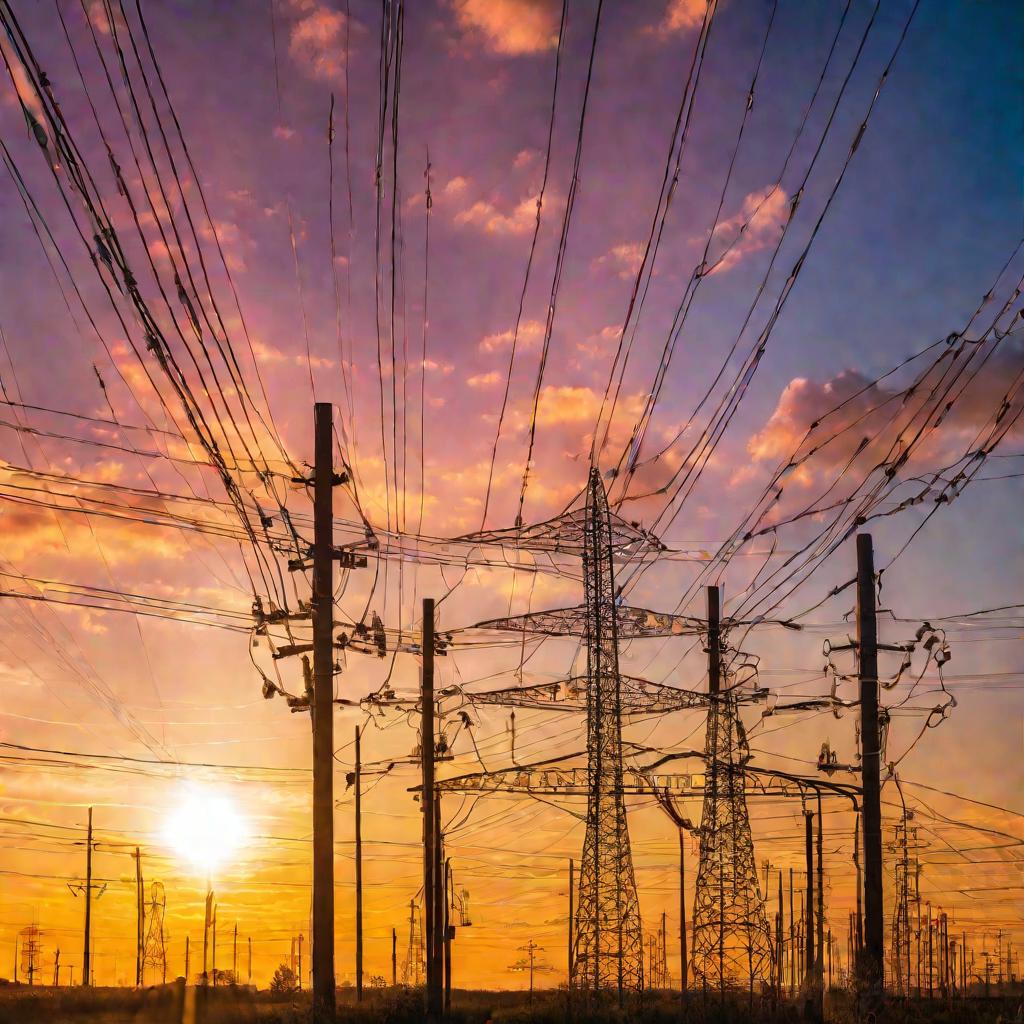 Линии электропередач на фоне рассветного неба