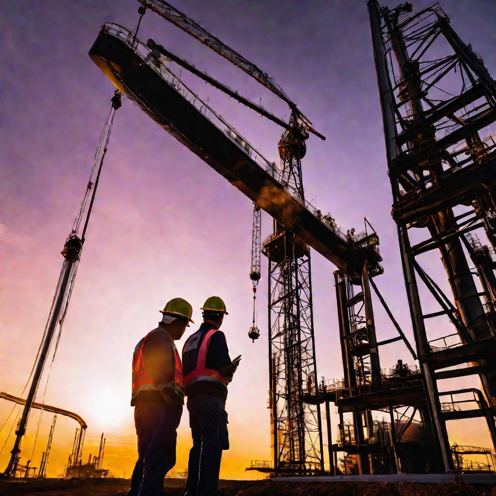 Рабочие на фоне башенного крана, удерживающего трубы для нефтеперерабатывающего завода, обсуждают детали перед подписанием бумаг о передаче оборудования