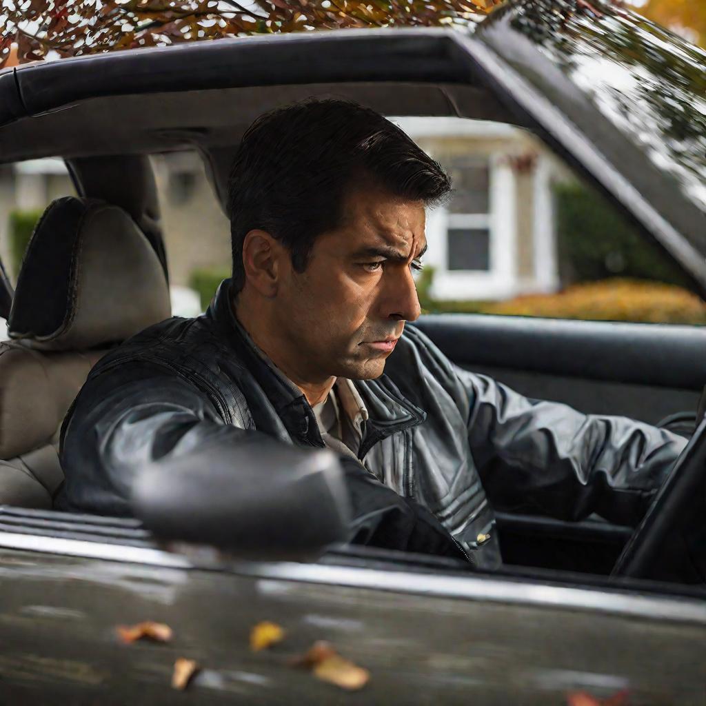 Водитель смотрит штраф в машине облачным осенним днем