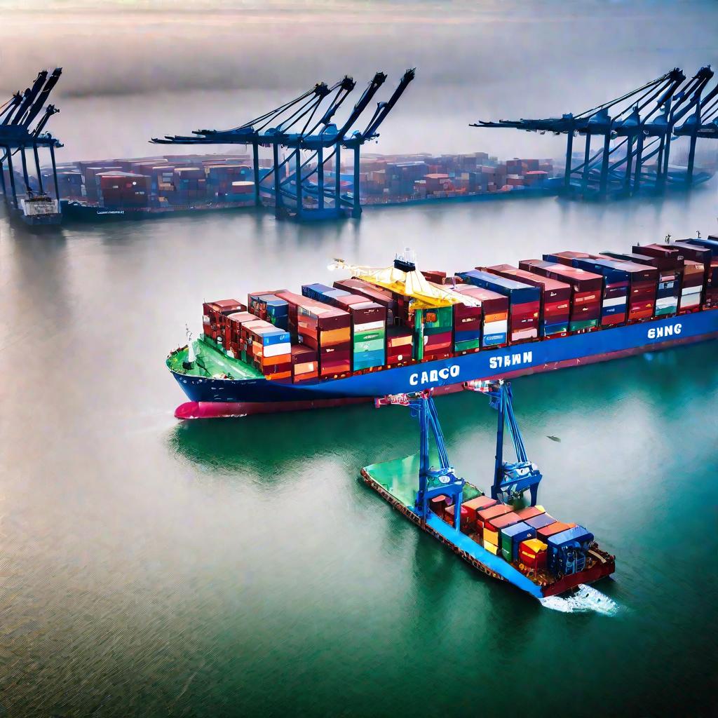 Грузовое судно загружается контейнерами в порту