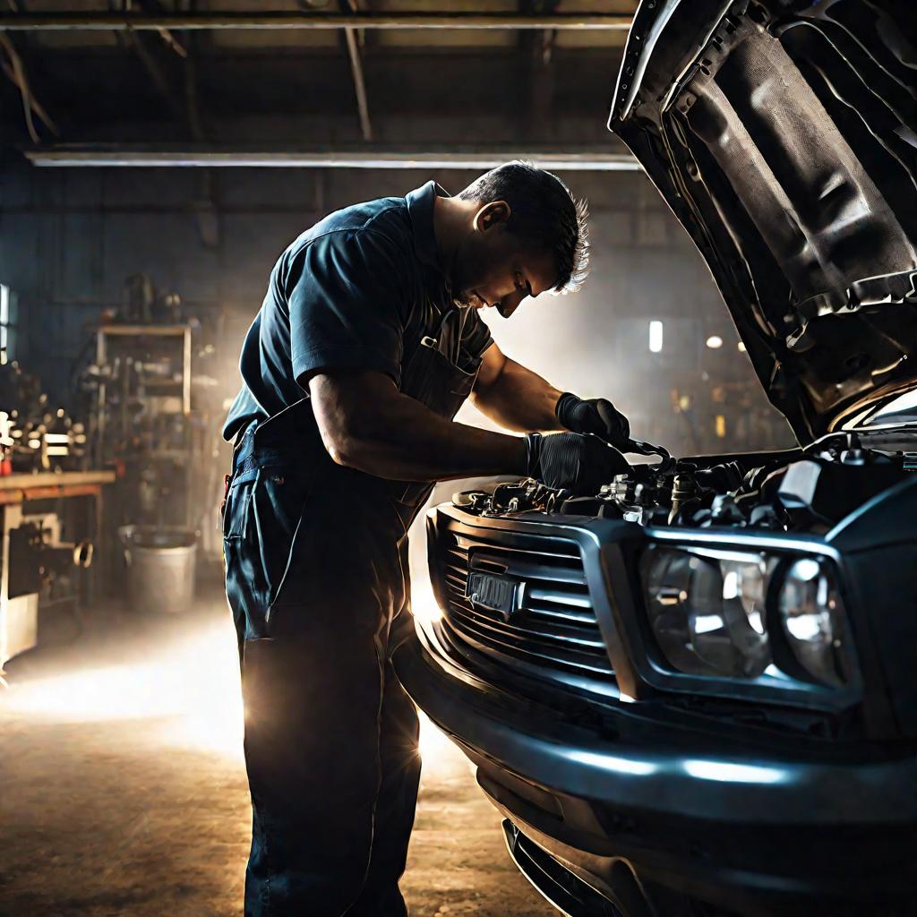 Механик чинит мотор автомобиля в мастерской