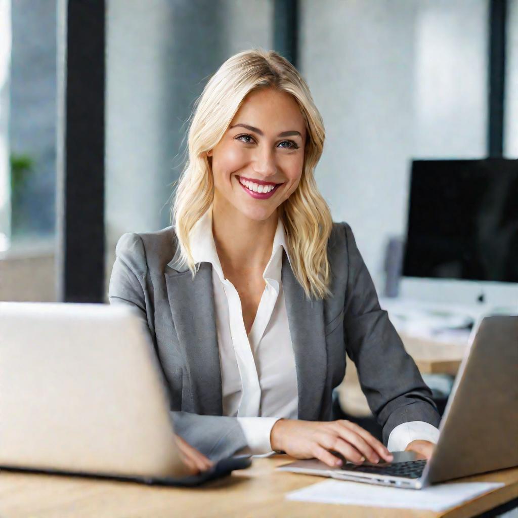 Портрет улыбающейся бизнесвумен за ноутбуком