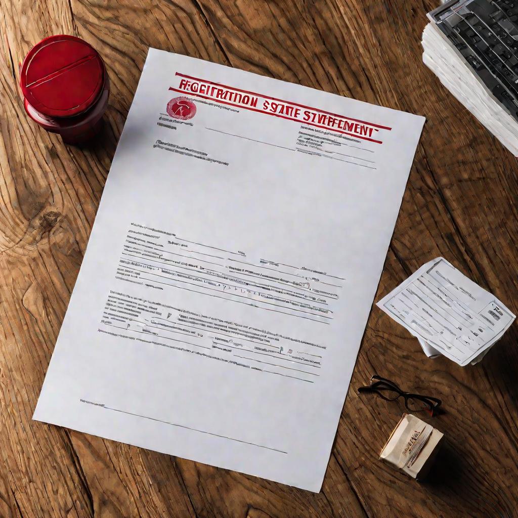 Крупный план сверху на распечатанную форму с названием Регистрационное заявление, с полями, галочками, подписями и красной печатью, лежащую на деревянном столе. В верхнем колонтитуле формы логотип и наименование компании. Мягкое освещение с тенями, чтобы 