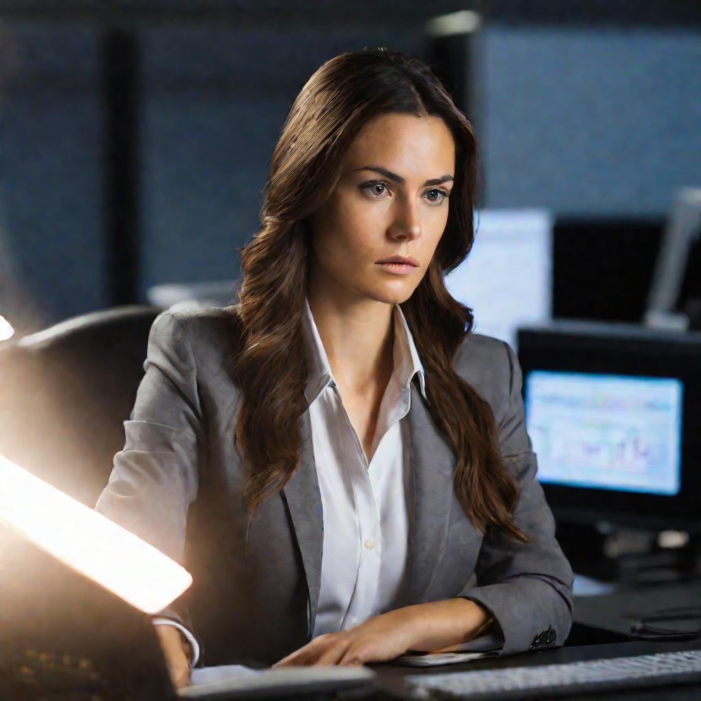 Портрет молодой женщины в деловом костюме, сидящей за компьютером. Ее лицо освещено светом монитора.