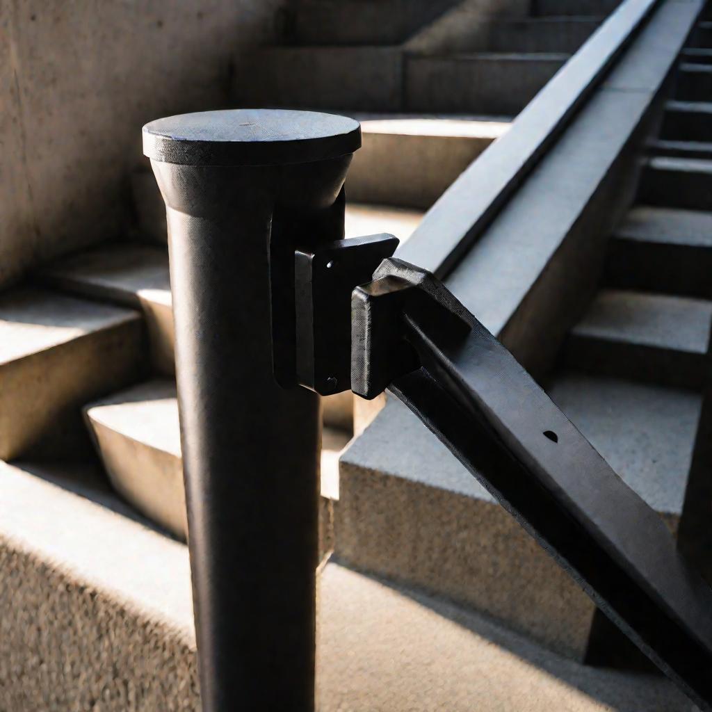 Крупный кинематографический план крепления перил к бетонной лестнице, подсветка сзади создает высококонтрастные тени