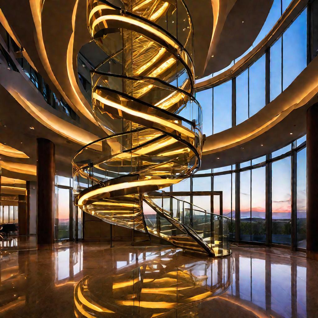 Вид снизу на винтовую стеклянную лестницу в лобби отеля, подсвечена теплым светом встроенных светодиодных лент на закате