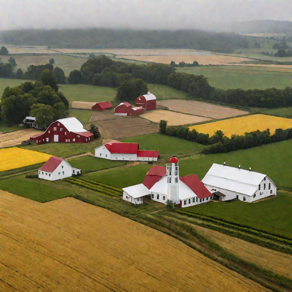 Вид сверху на ферму с домом и амбарами