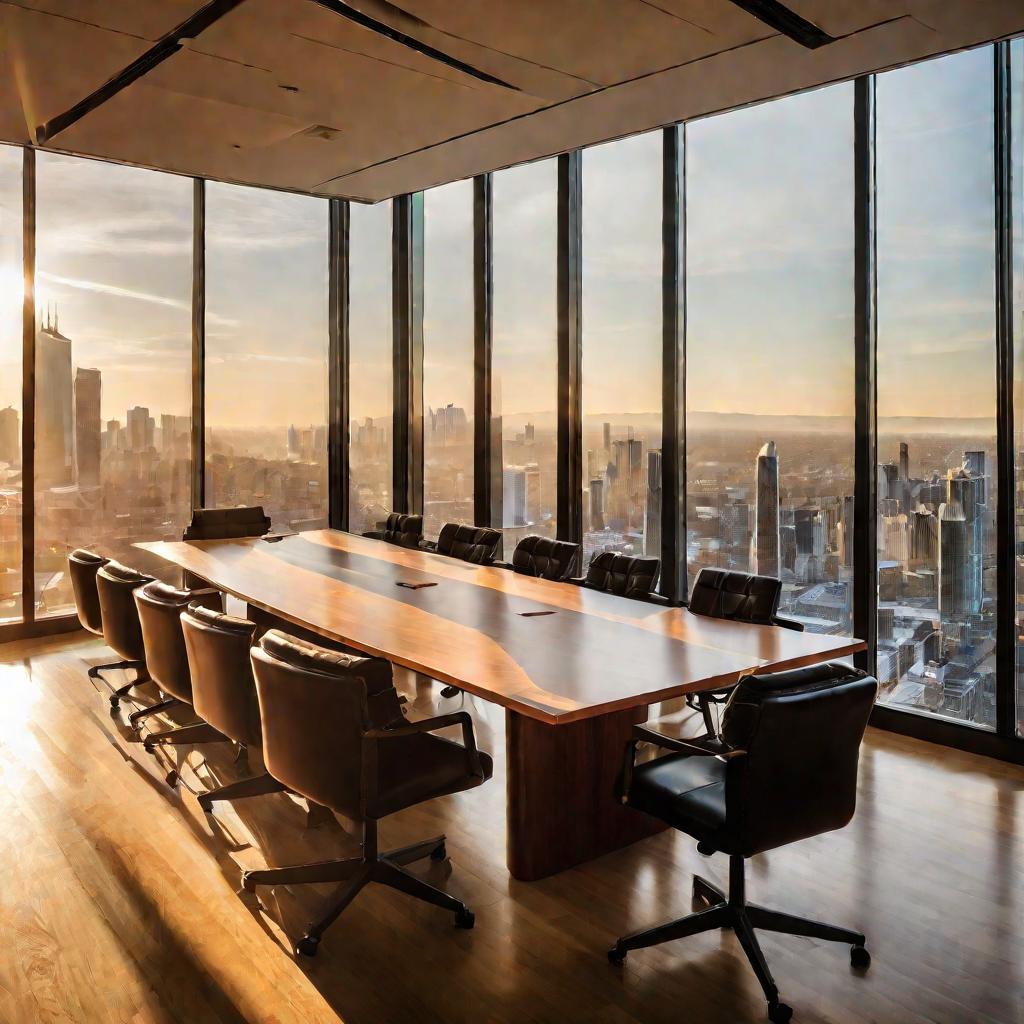 Вид сверху на конференц-зал с большим деревянным столом, кожаными стульями и экраном на стене. Золотые лучи заката входят через панорамные окна с видом на город. Люди в деловой одежде сидят за столом, оживленно обсуждая что-то.