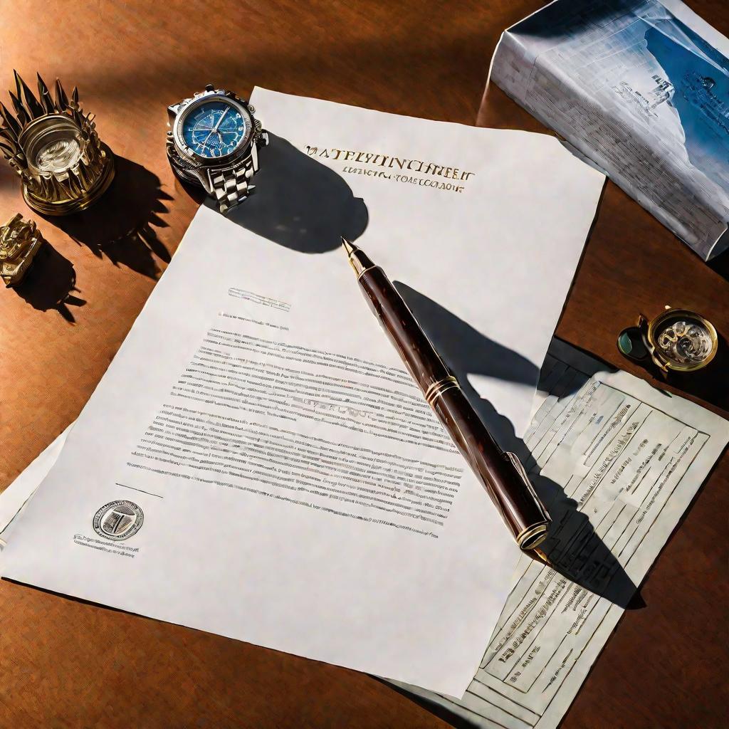 Контракт с печатями лежит на столе, мужская рука с ручкой готова его подписать.