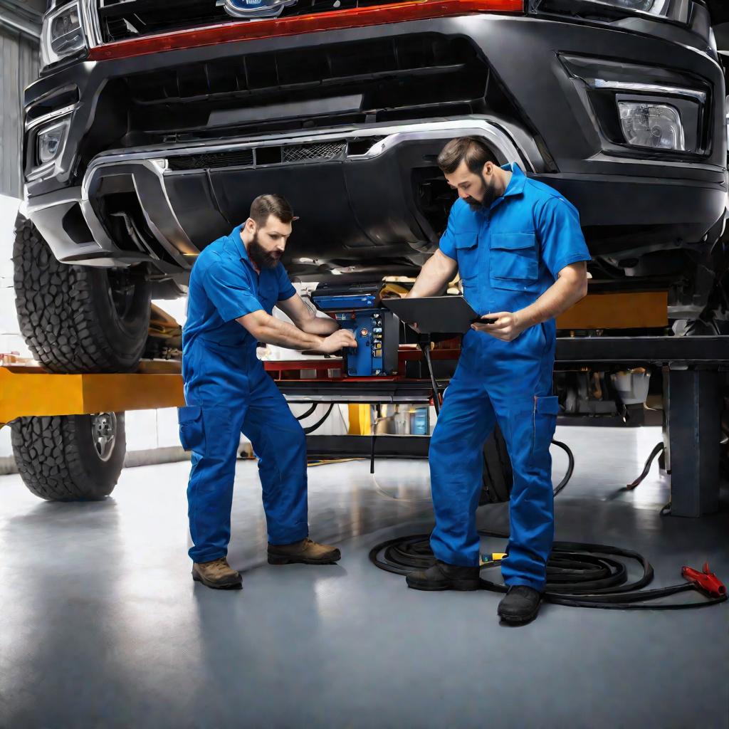 Два механика в синей спецодежде проверяют тормоза грузовика на подъемнике в освещенном боксе с использованием ноутбука и инструментов