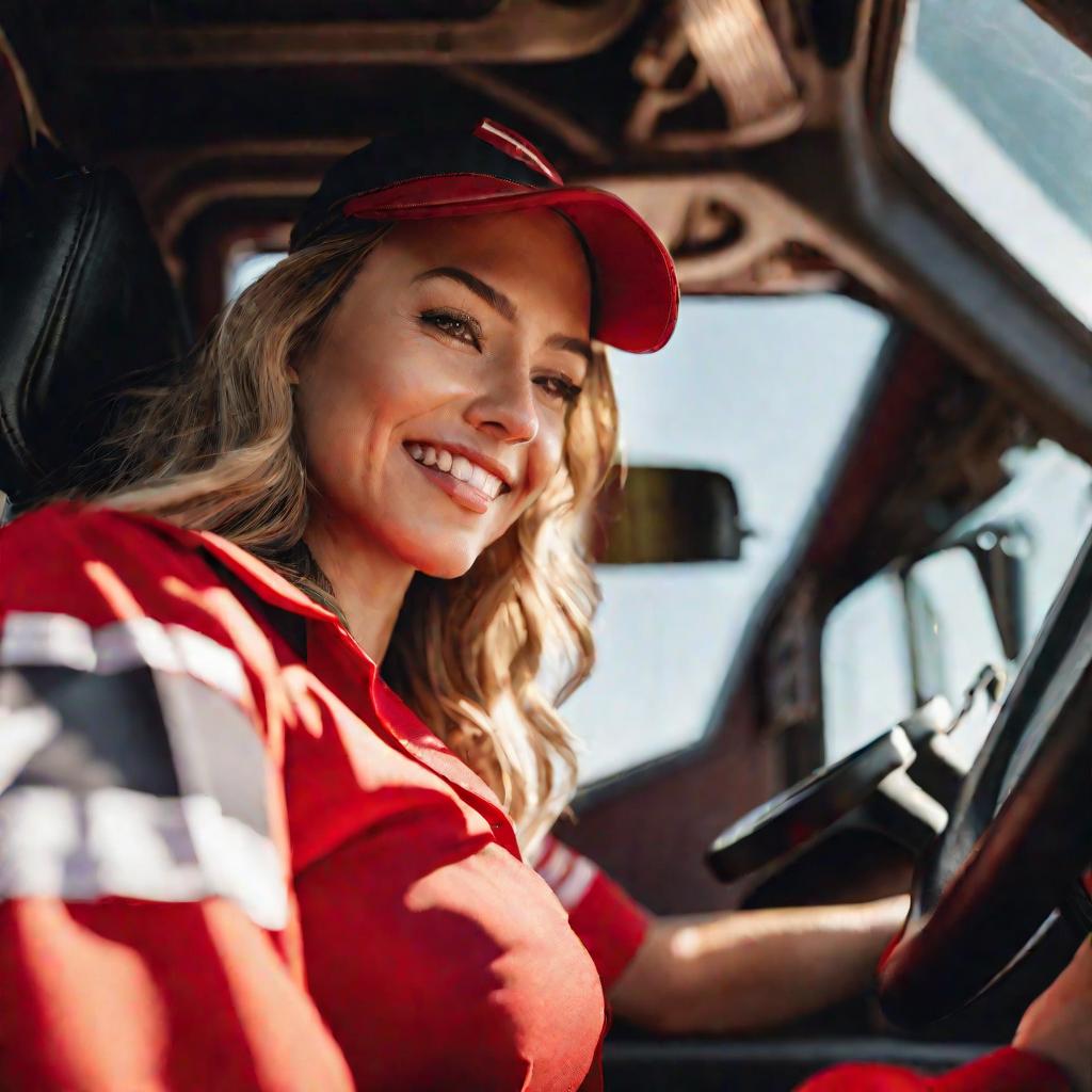 Женщина-водитель в красной форме уверенно сидит в кабине современного грузовика, держа документы, готовая к выезду на линию