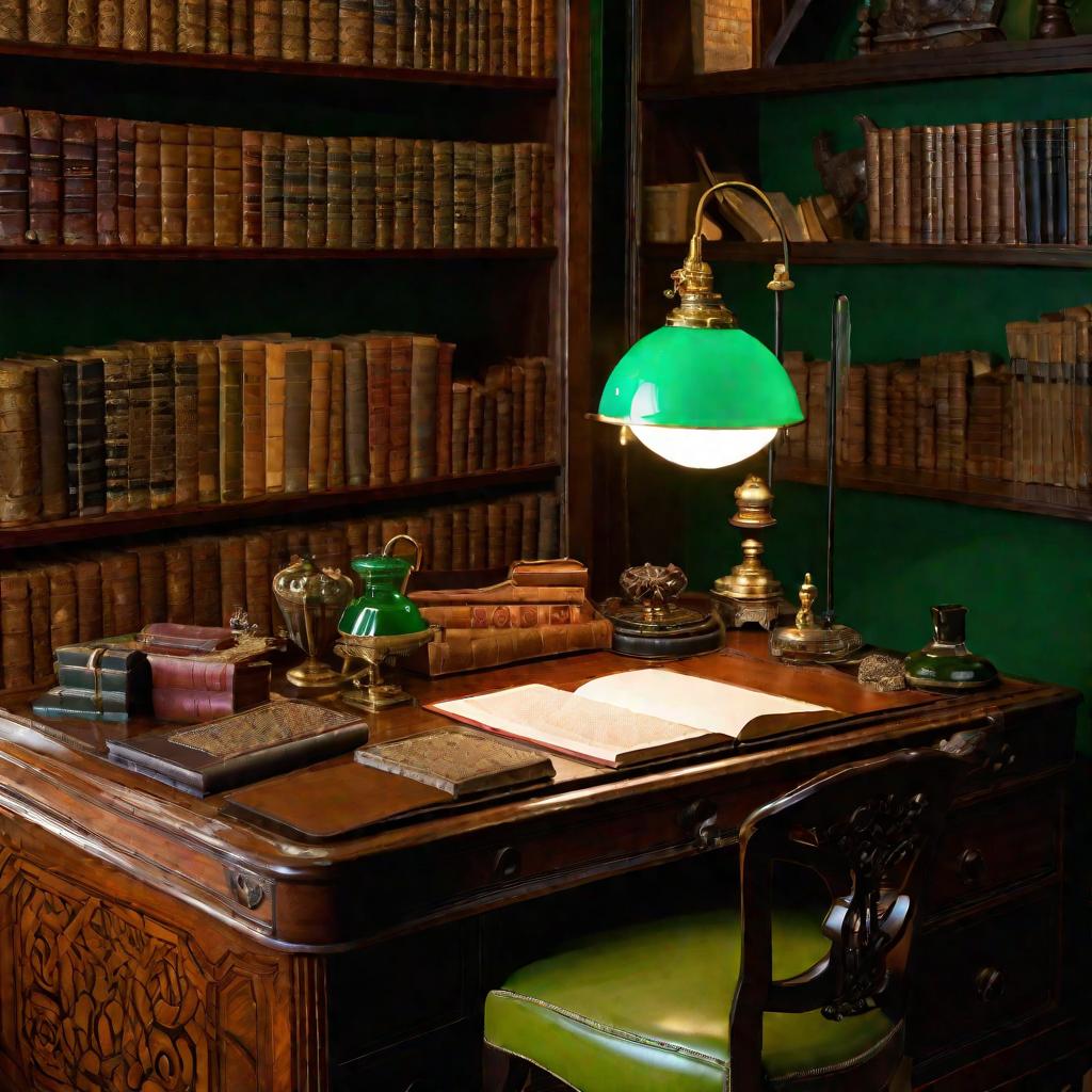 Старинный деревянный письменный стол с полками, заполненными книгами в кожаных переплетах, рукописями, свитками