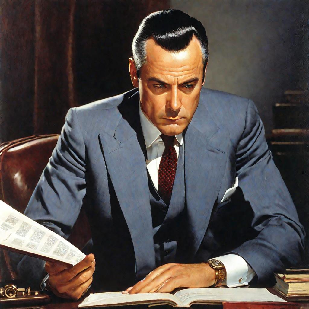 Портрет мужчины в костюме, сидящего за столом и читающего документ.