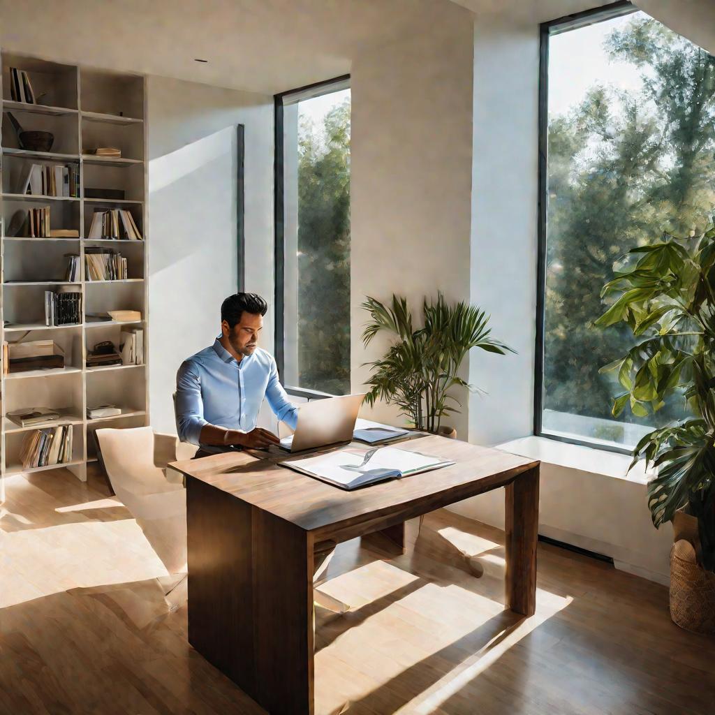 Мужчина за рабочим столом проверяет документы