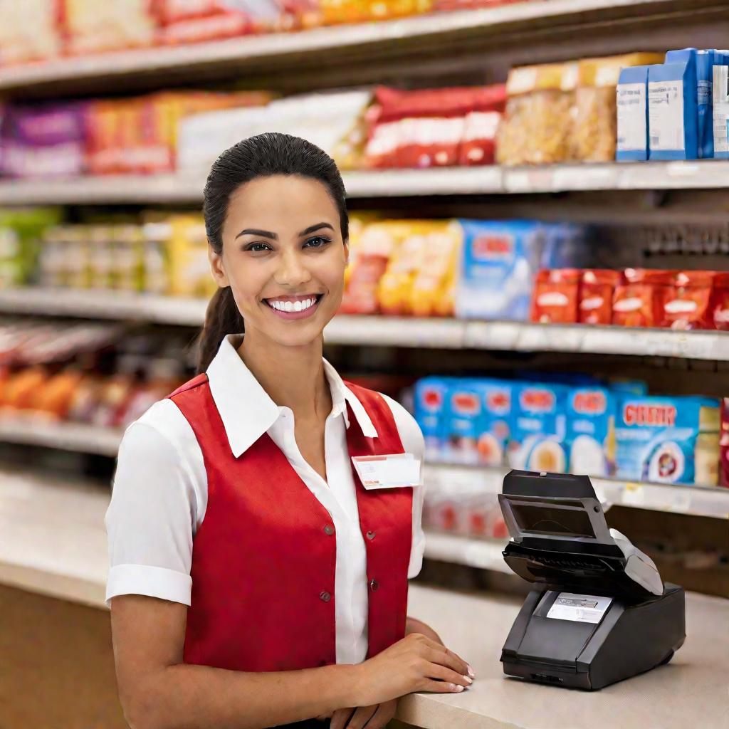 Кассир дружелюбно сканирует товары