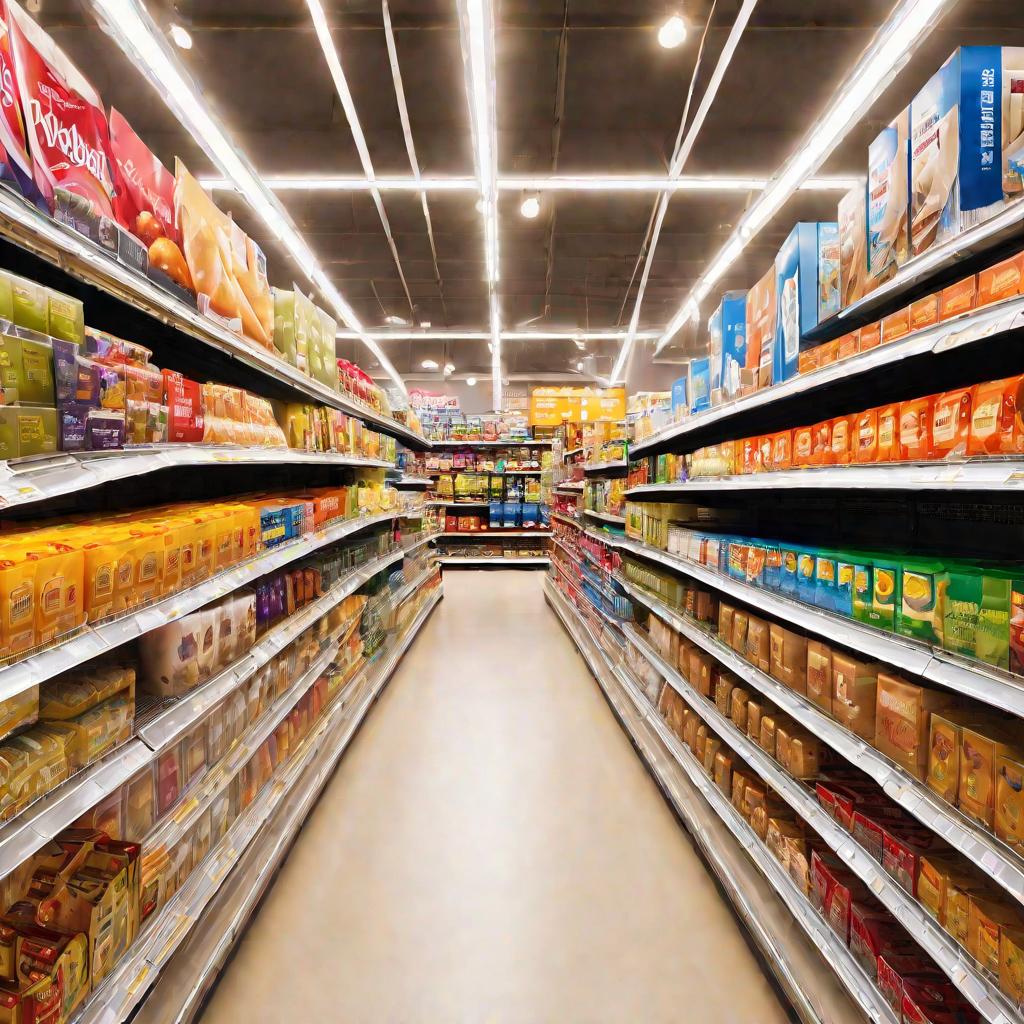 Аккуратные полки с товарами в супермаркете