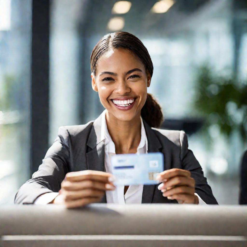 Девушка улыбается, держа банковскую карту