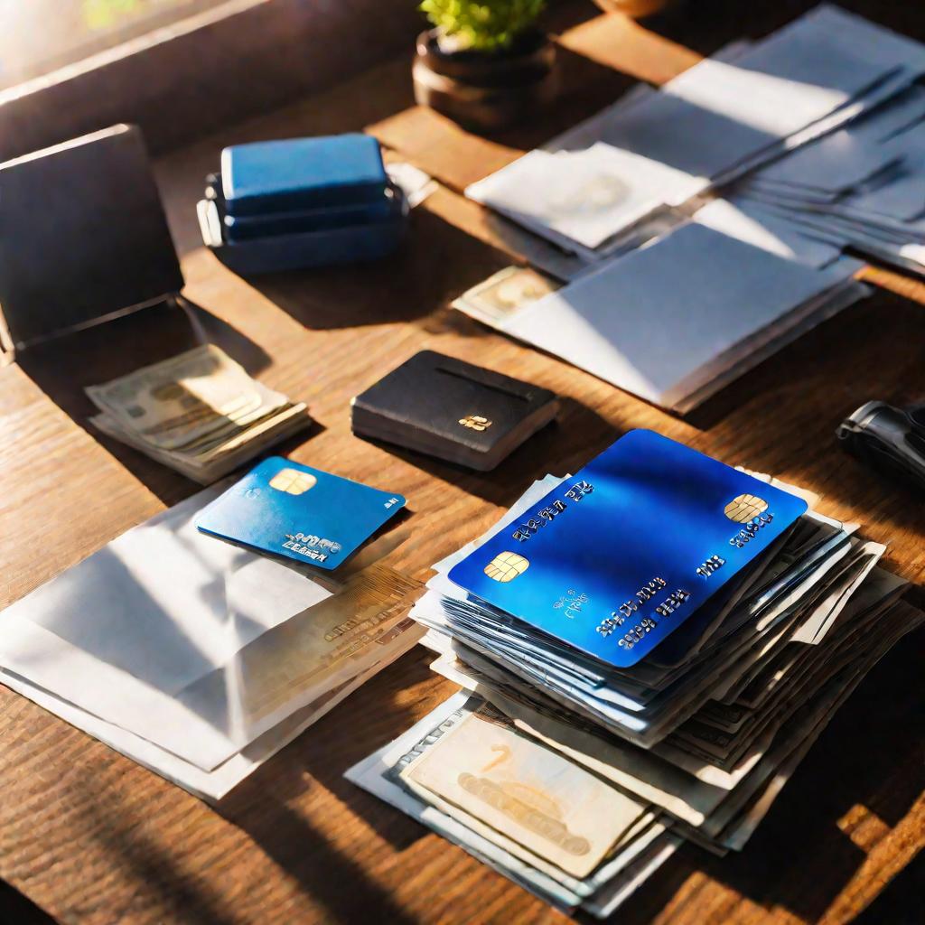 Банковская карта лежит на стопке денег и документов на столе