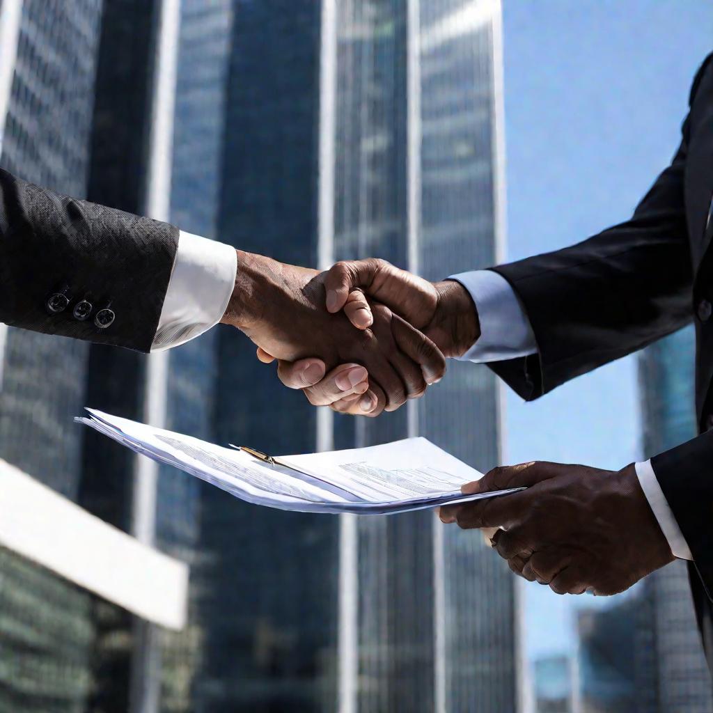 Рукопожатие двух бизнесменов, обмен папкой контракта и ручкой на фоне офисных небоскребов. Подписание мошеннической сделки.