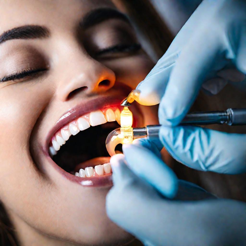 Крупный план открытого рта пациентки под ярким стоматологическим светильником во время процедуры пломбирования зуба