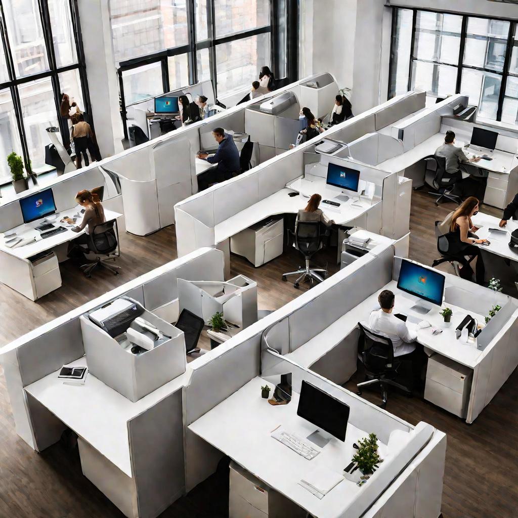 Офис, люди работают за столами с компьютерами
