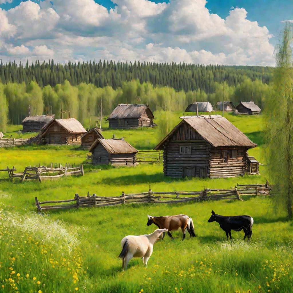 Солнечный весенний пейзаж традиционной русской деревни с деревянными домами и заборами в пышном цветущем лугу. Несколько крестьян в простой одежде работают в поле и ухаживают за животными.