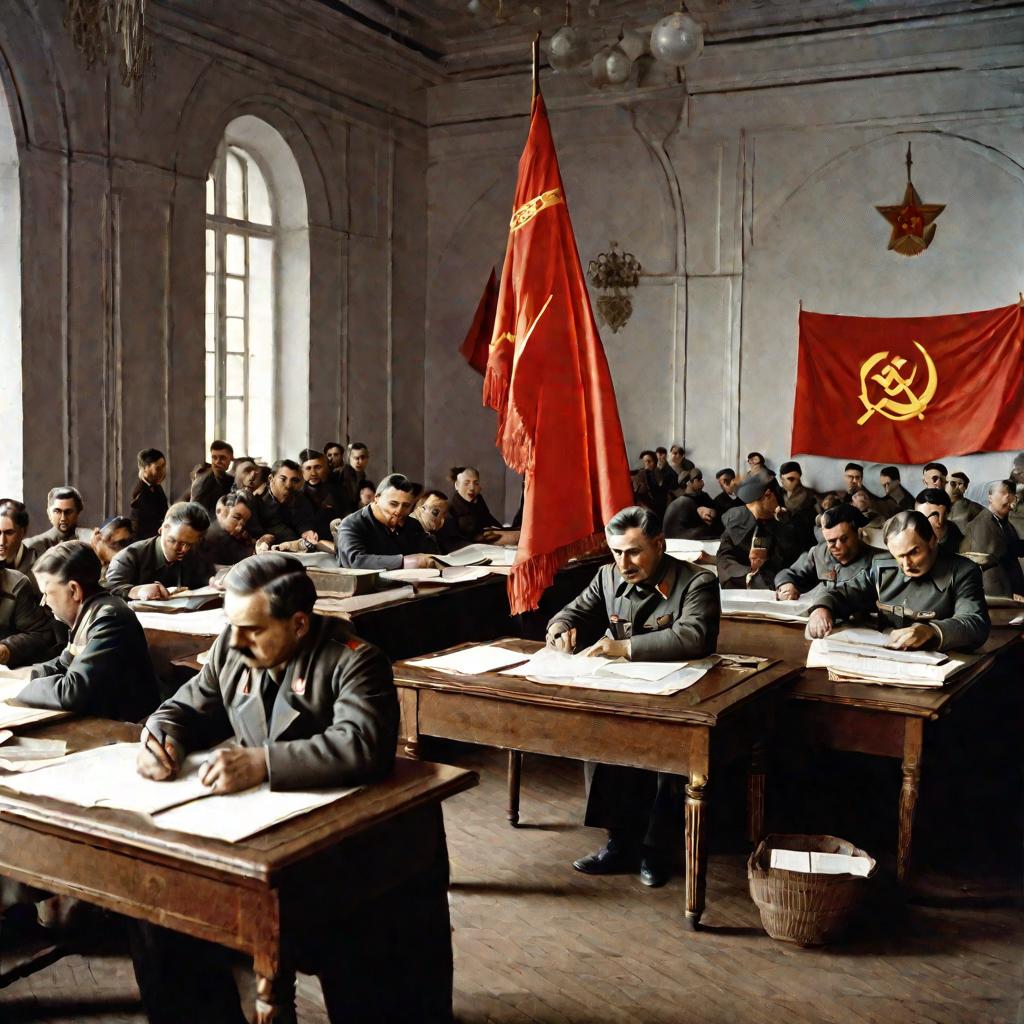 Нейтральный интерьер советского офиса с красными советскими флагами и плакатами. Группа колхозников стоят в очереди, чтобы подать документы на землю чиновнику, сидящему за старым деревянным столом. Сцена передает политику национализации земли после револю