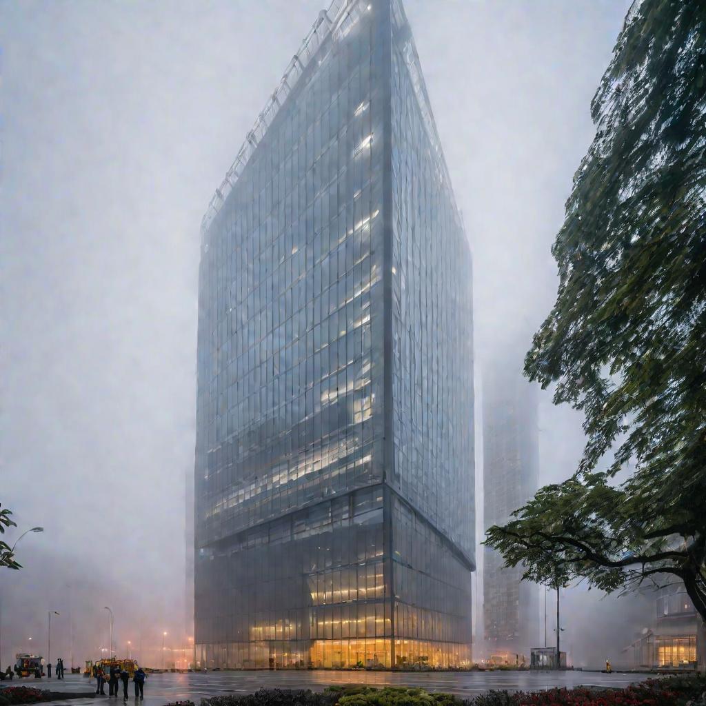 Широкий кадр большого нового офисного здания в туманный день