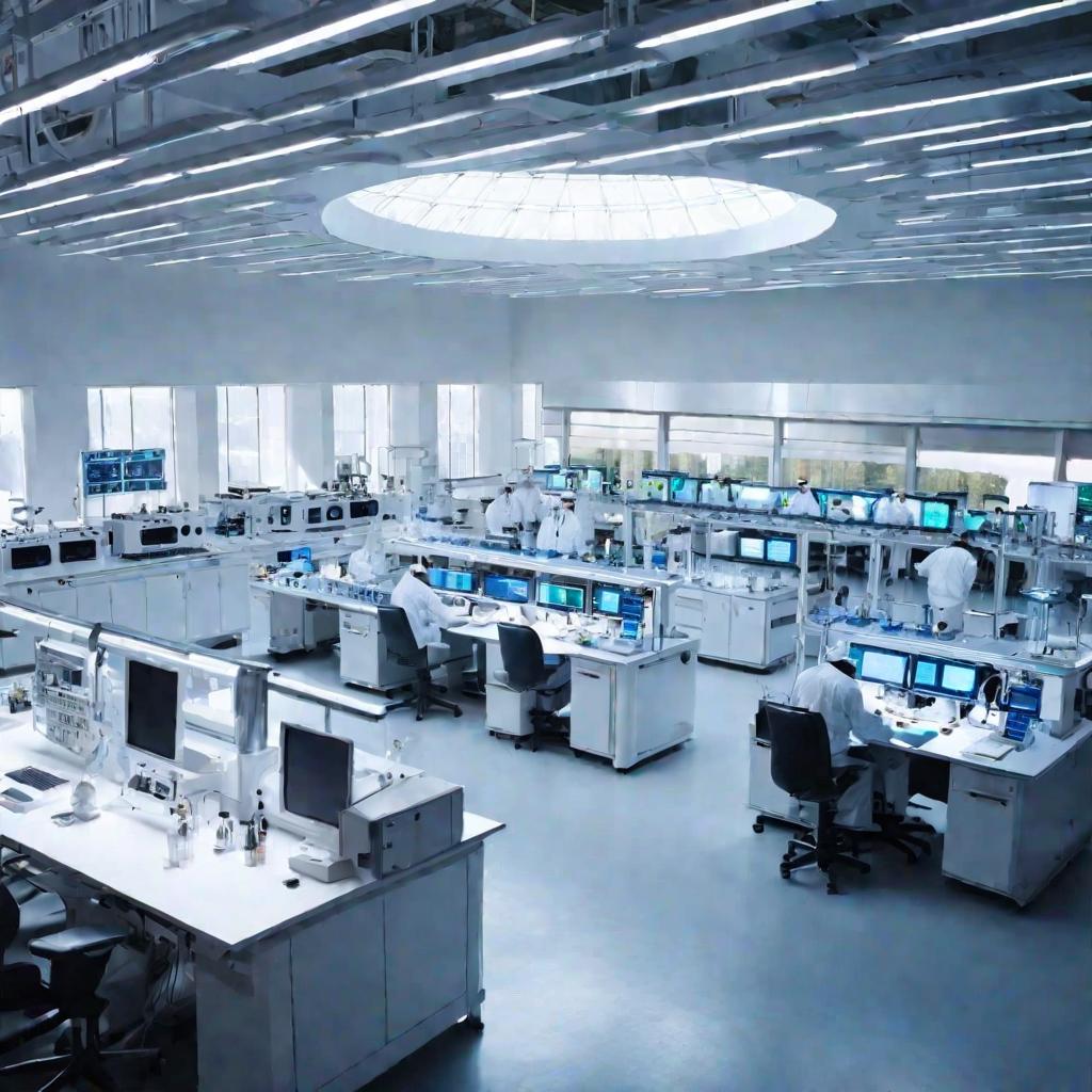 Вид сверху на большую современную лабораторию, ученые в белых халатах работают над инновациями. Солнечный свет через крышу освещает пространство.
