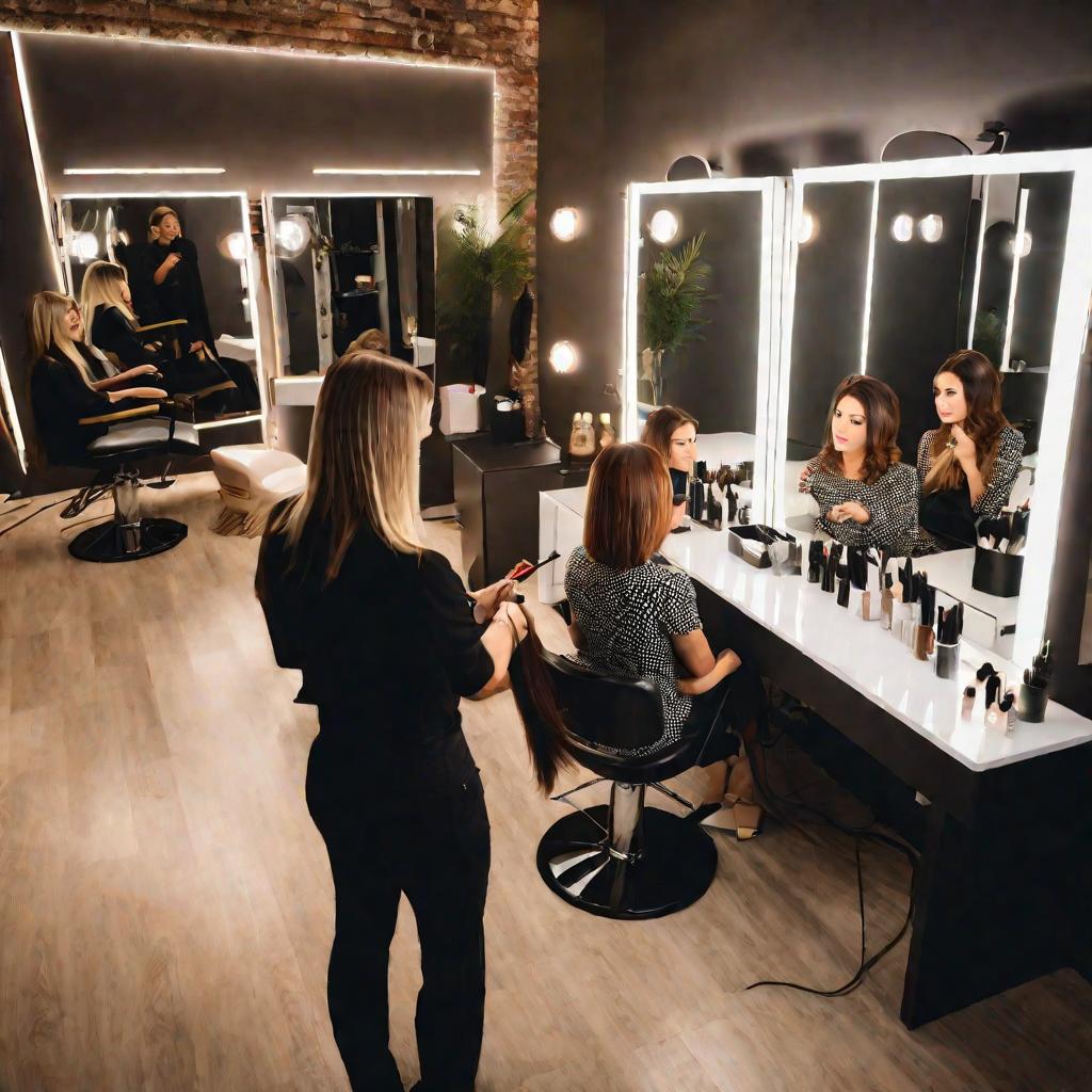 Парикмахер дает рекомендации по уходу за волосами клиентке в салоне красоты