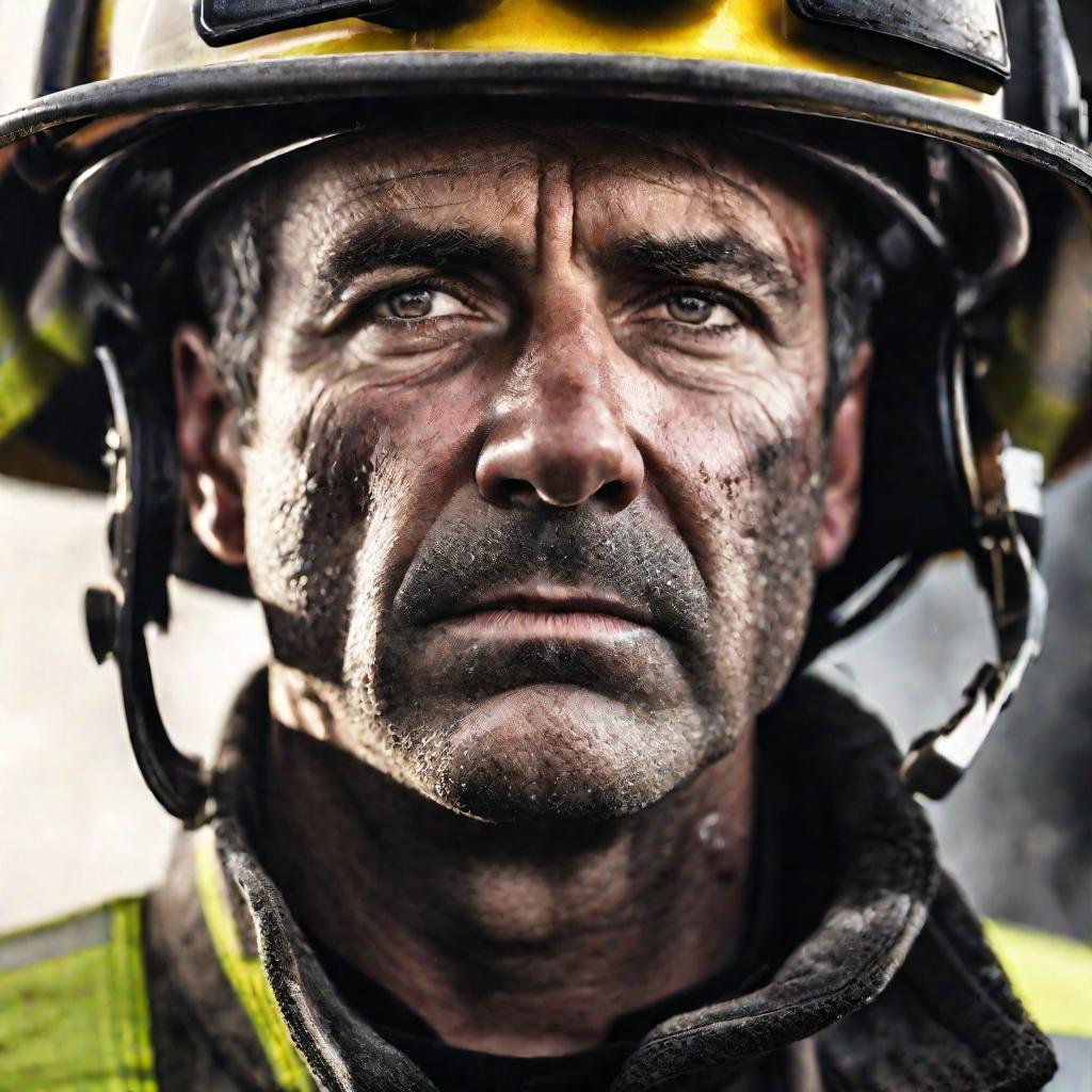 Портрет пожарного с грустным и уставшим выражением лица
