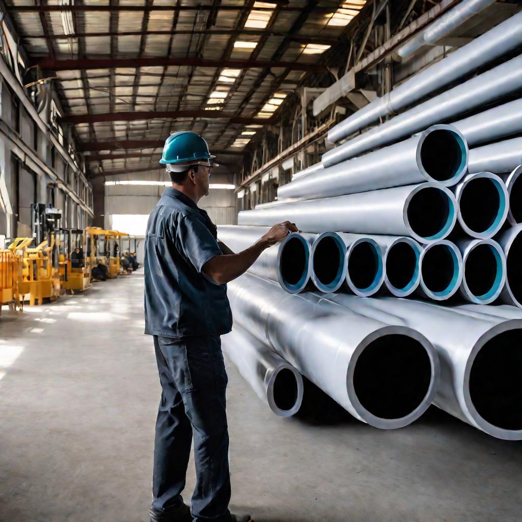 Рабочий осматривает пластиковые трубы