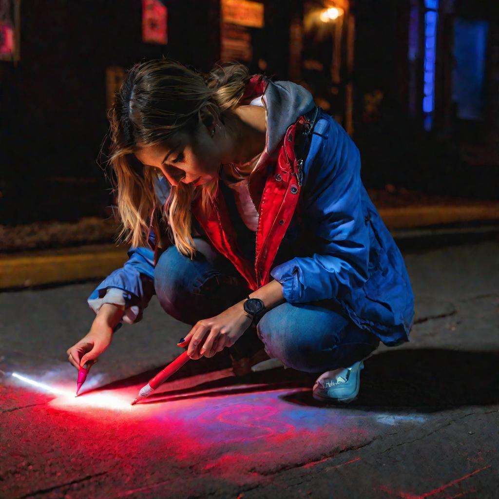 Женщина рисует мелом рекламу на тротуаре ночью