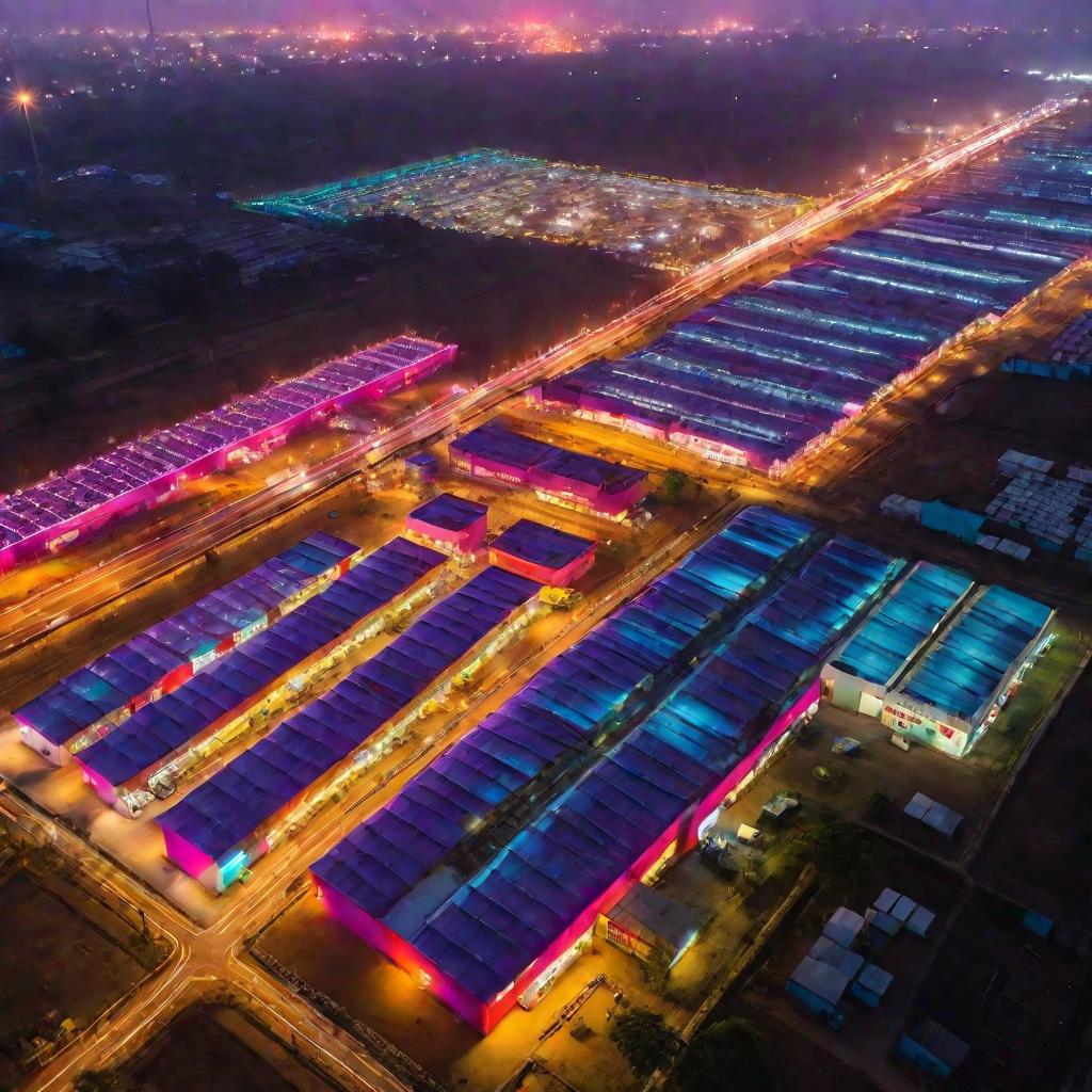 Огромный ярко подсвеченный автозавод в Индии на закате