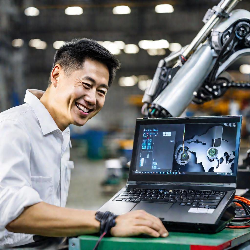 Китайский инженер-автомобилестроитель программирует промышленного робота