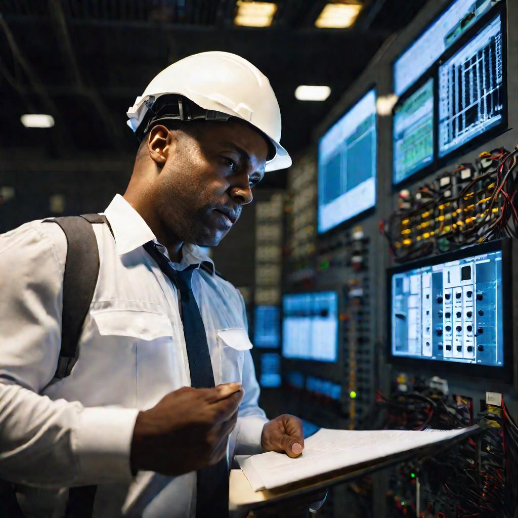 Крупный портрет энергетика в каске и с сосредоточенным выражением лица. Он стоит перед электрическим шкафом в слабо освещенном помещении управления энергообъектом, держа в руках какие-то документы и изучая схему на дверце шкафа.