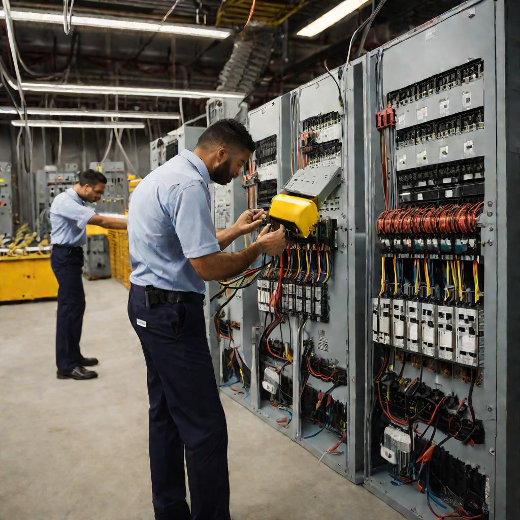 Сбоку энергетики меняют неисправный автоматический выключатель в тесном электротехническом помещении. Они выполняют горячие работы возле находящихся под напряжением шин, а их руководитель на заднем плане контролирует операцию и направляет рабочих по рации