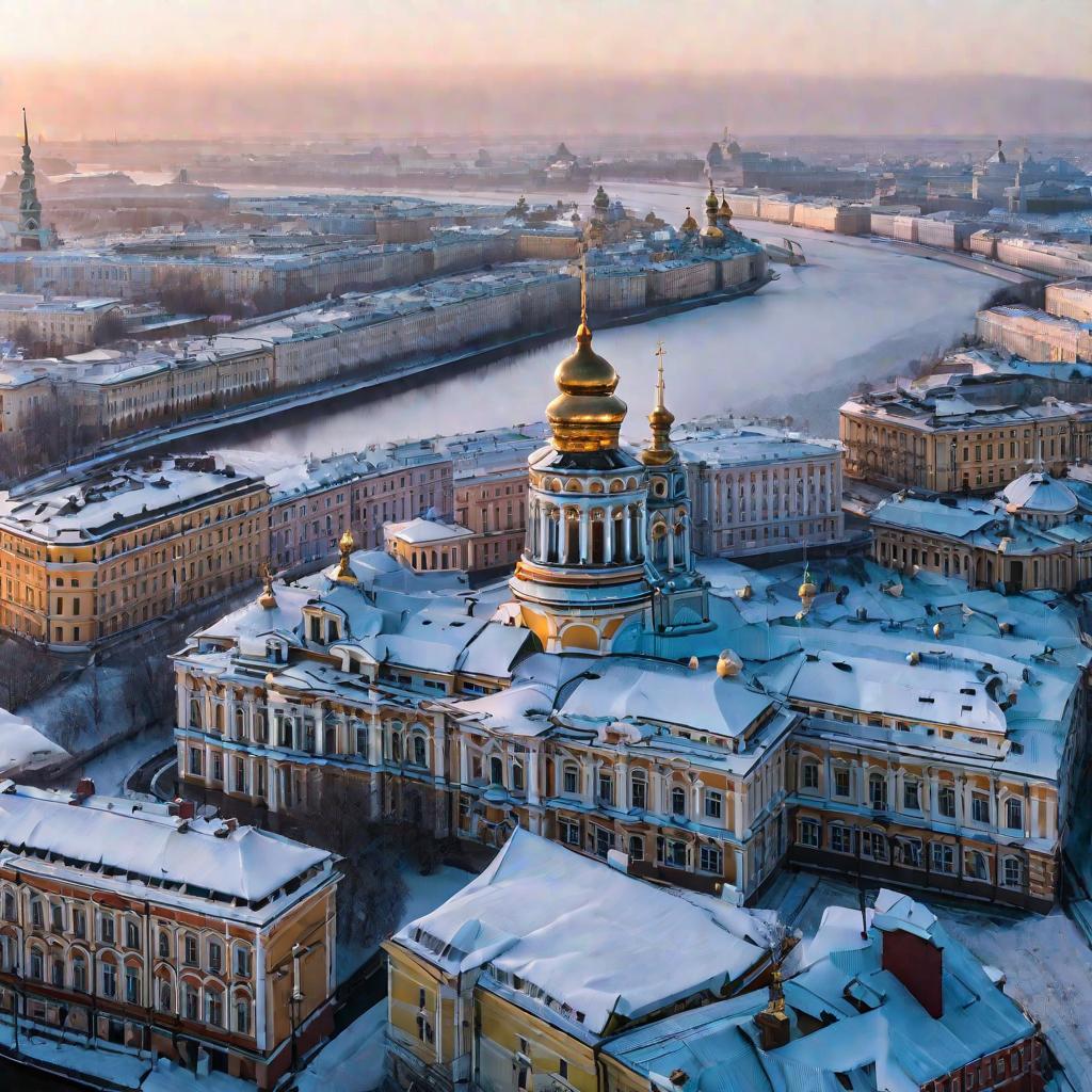 Вид на Санкт-Петербург с высоты птичьего полета в холодное зимнее утро