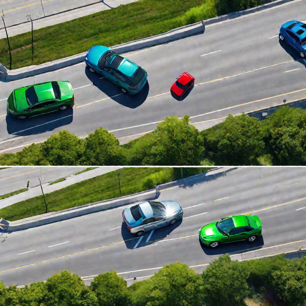 Разделенный экран с видом сверху на два разных места аварий для страховых форм. Слева, двухполосная жилая улица со стоп-знаком, красная машина врезалась в серебристую, не остановившись. Справа, зеленая и синяя машина столкнулись на съезде с автомагистрали