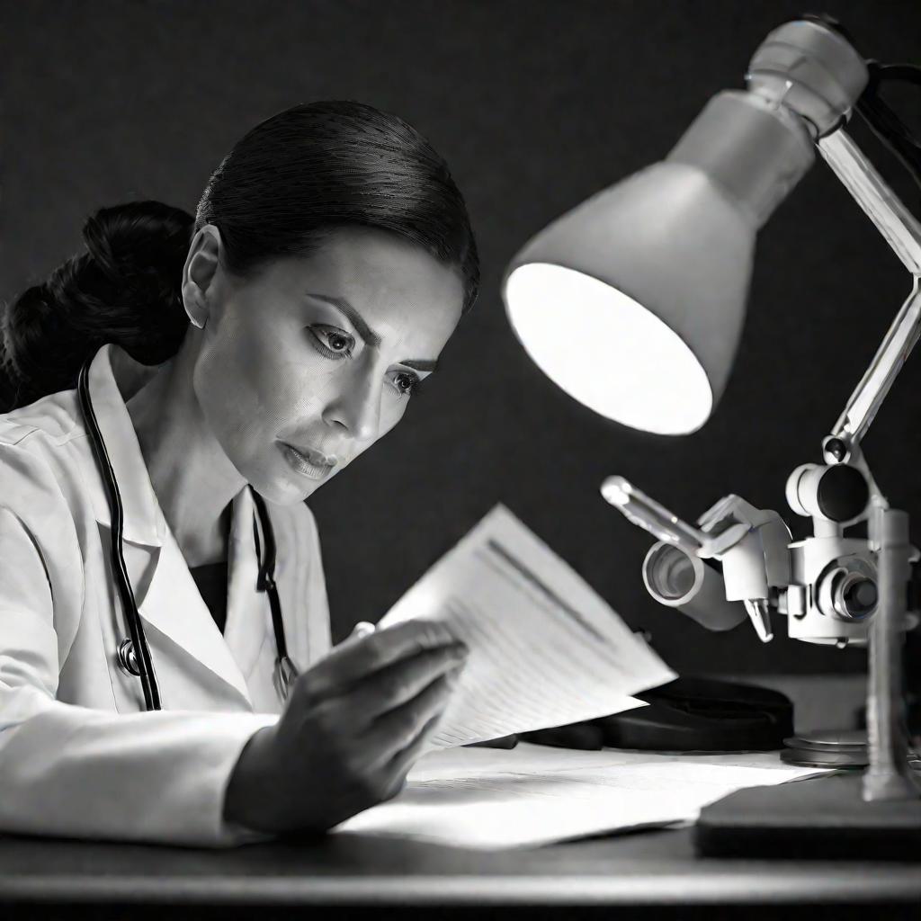 Женщина внимательно изучает медицинскую справку с помощью лупы, чтобы убедиться в ее подлинности
