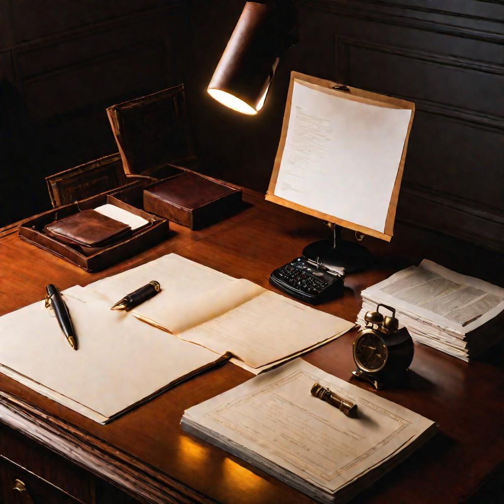Драматически освещенный письменный стол пристава с документами