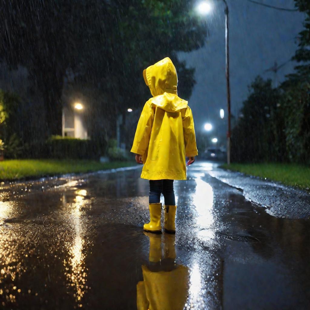 Девочка играет на мокрой после дождя дороге во дворе дома