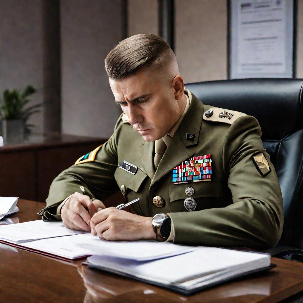 Портрет обеспокоенного военного чиновника за столом