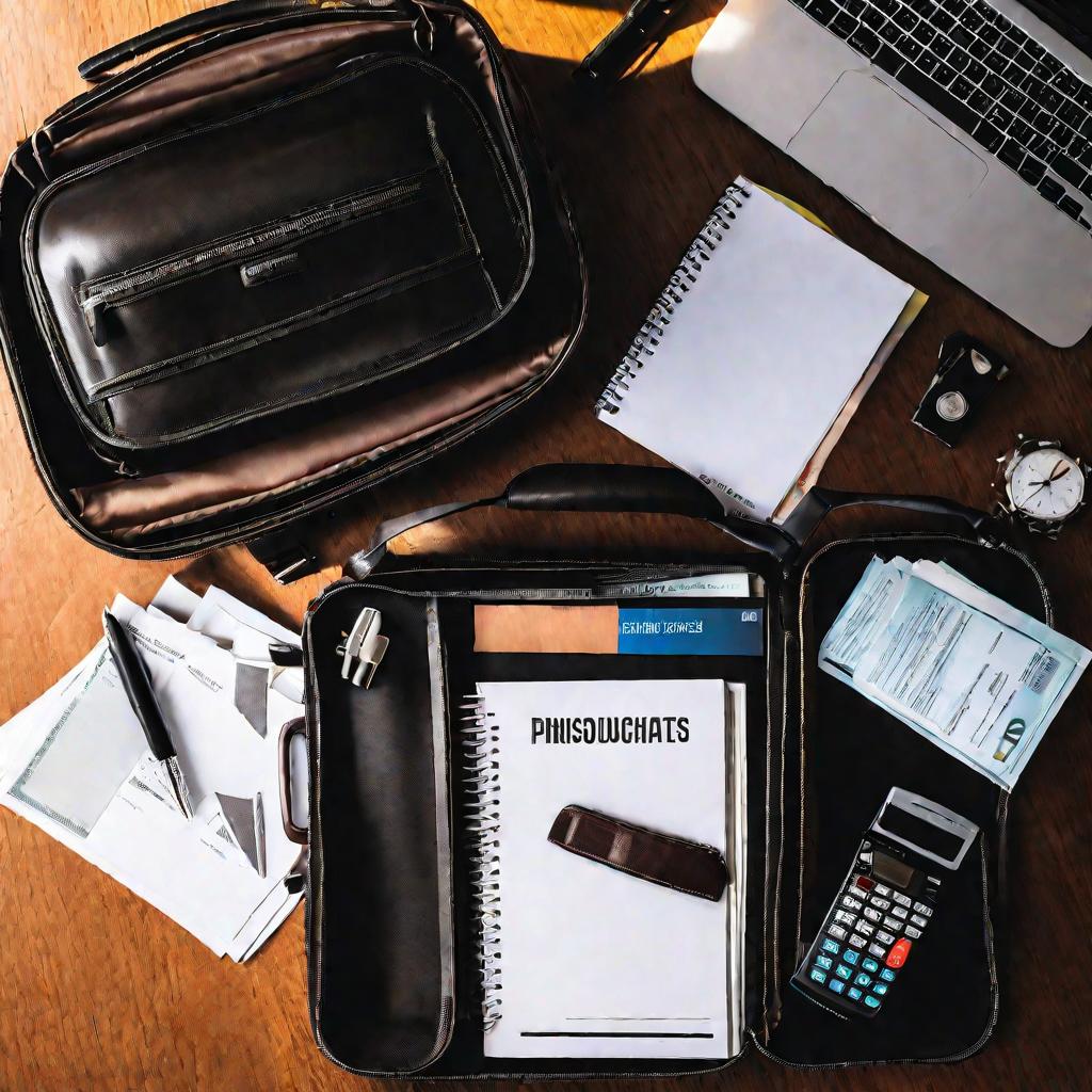 Открытый портфель на столе с финансовыми документами внутри