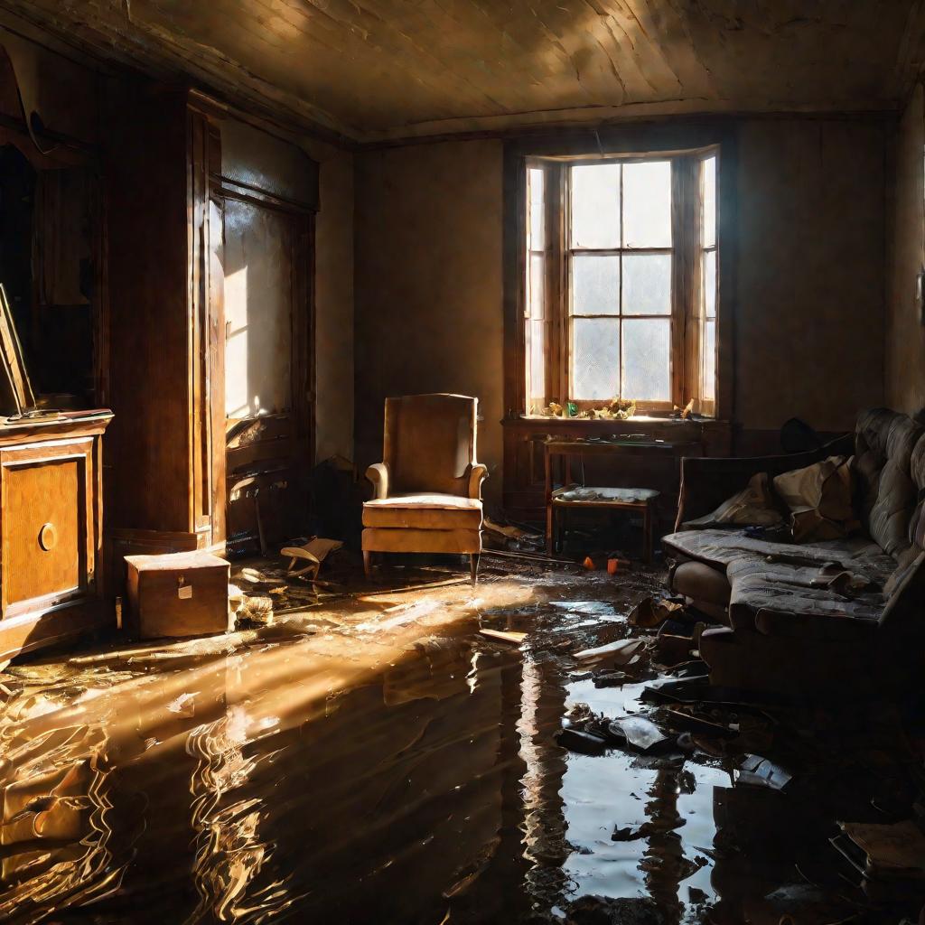 Зал затопленный водой с поврежденной мебелью