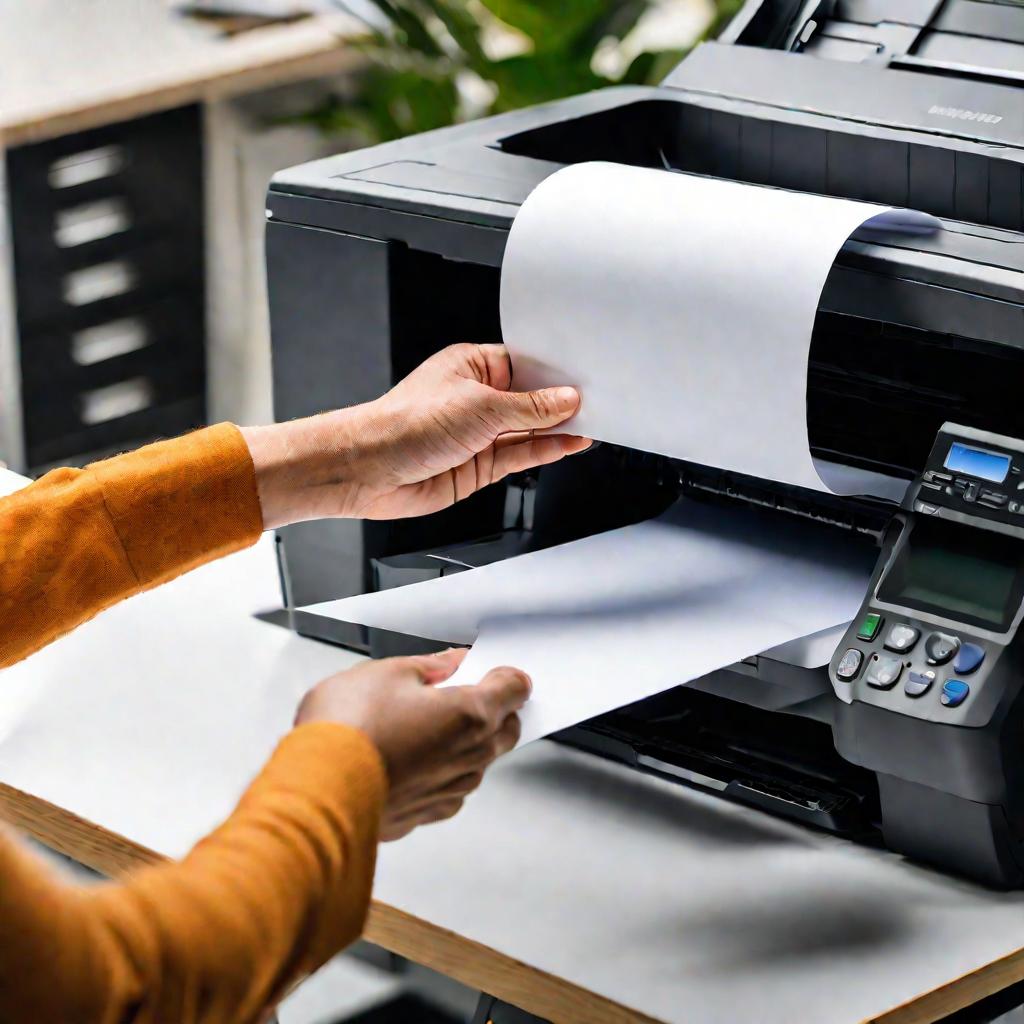 Руки достают из офисного принтера чистый лист бумаги — важный документ с подтвержденной информацией о трудоустройстве.