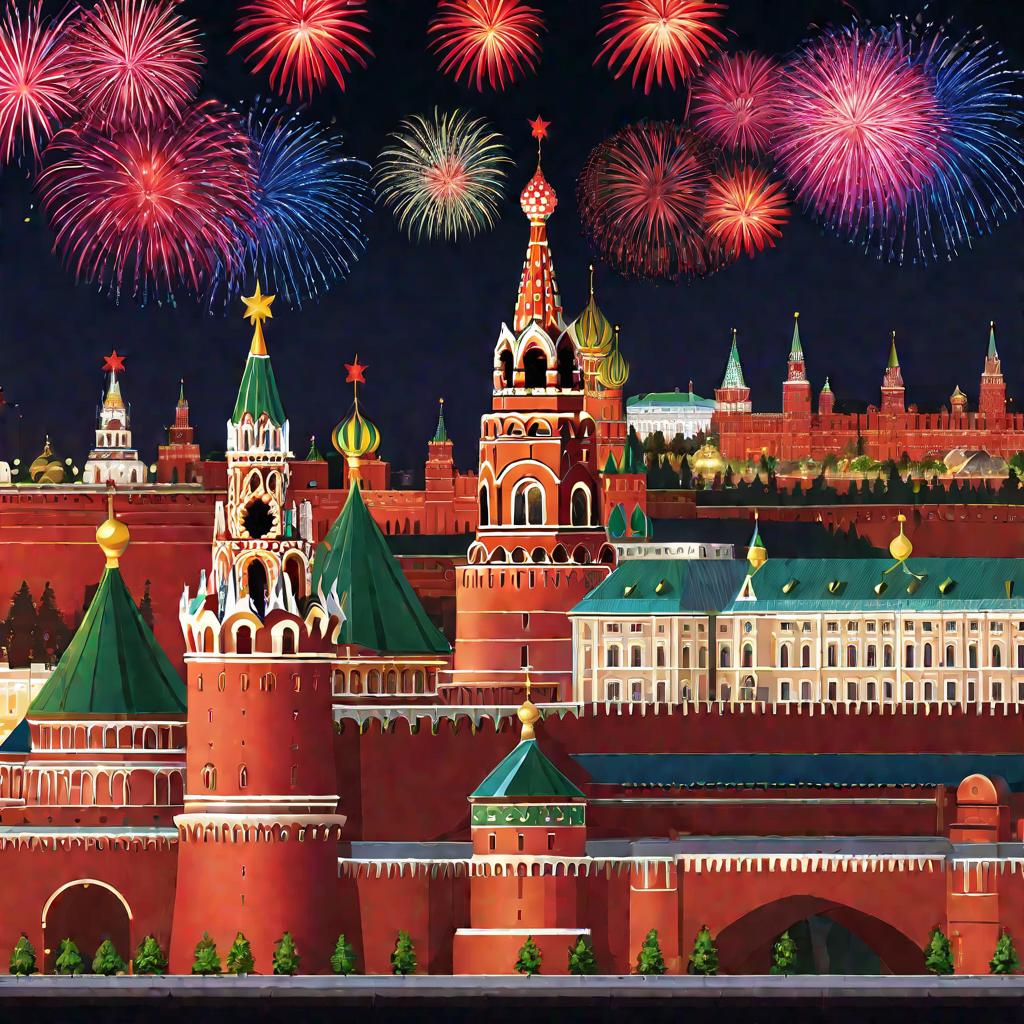 Изображение ночной Москвы и Кремлевских башен во время празднования юбилея города. Фейерверки освещают крепостную стену Кремля. Город украшен плакатами и баннерами