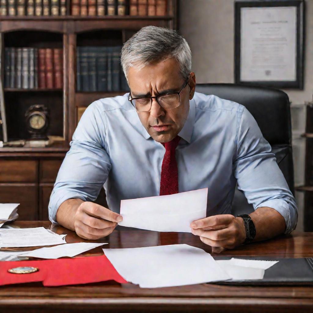 Портрет обеспокоенного мужчины, сидящего за столом в домашнем офисе и держащего неоткрытое официальное письмо. На его лице написаны тревога и опасение. На письме красная восковая печать.